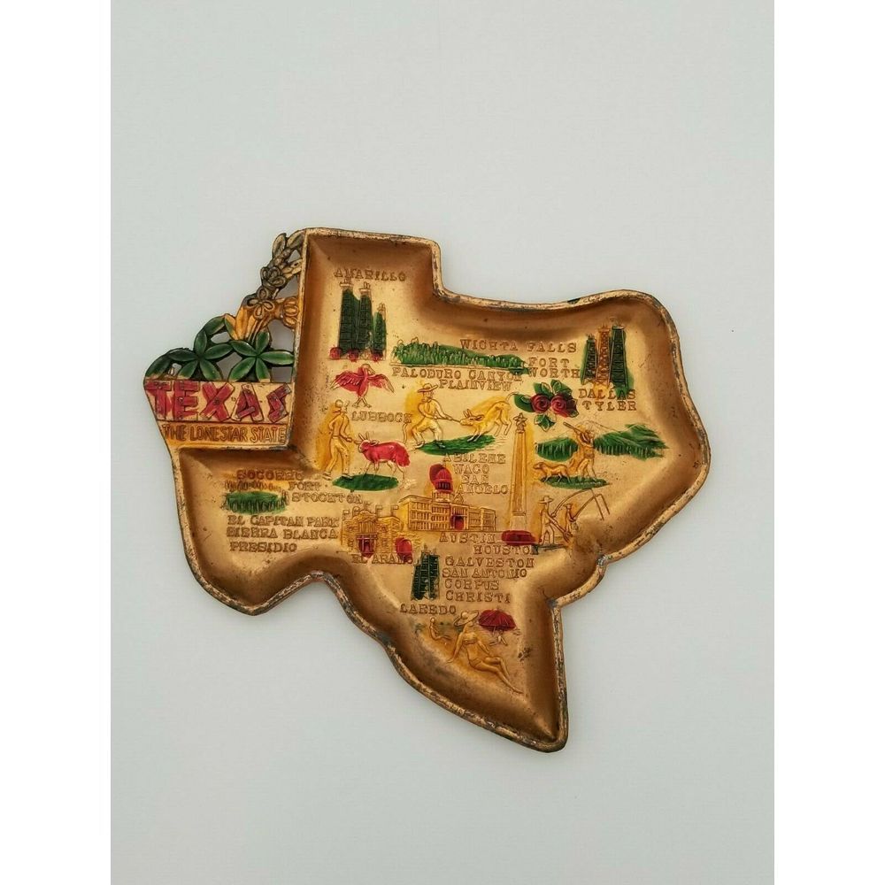 Vintage Metal Texas State Plate Dish Souvenier